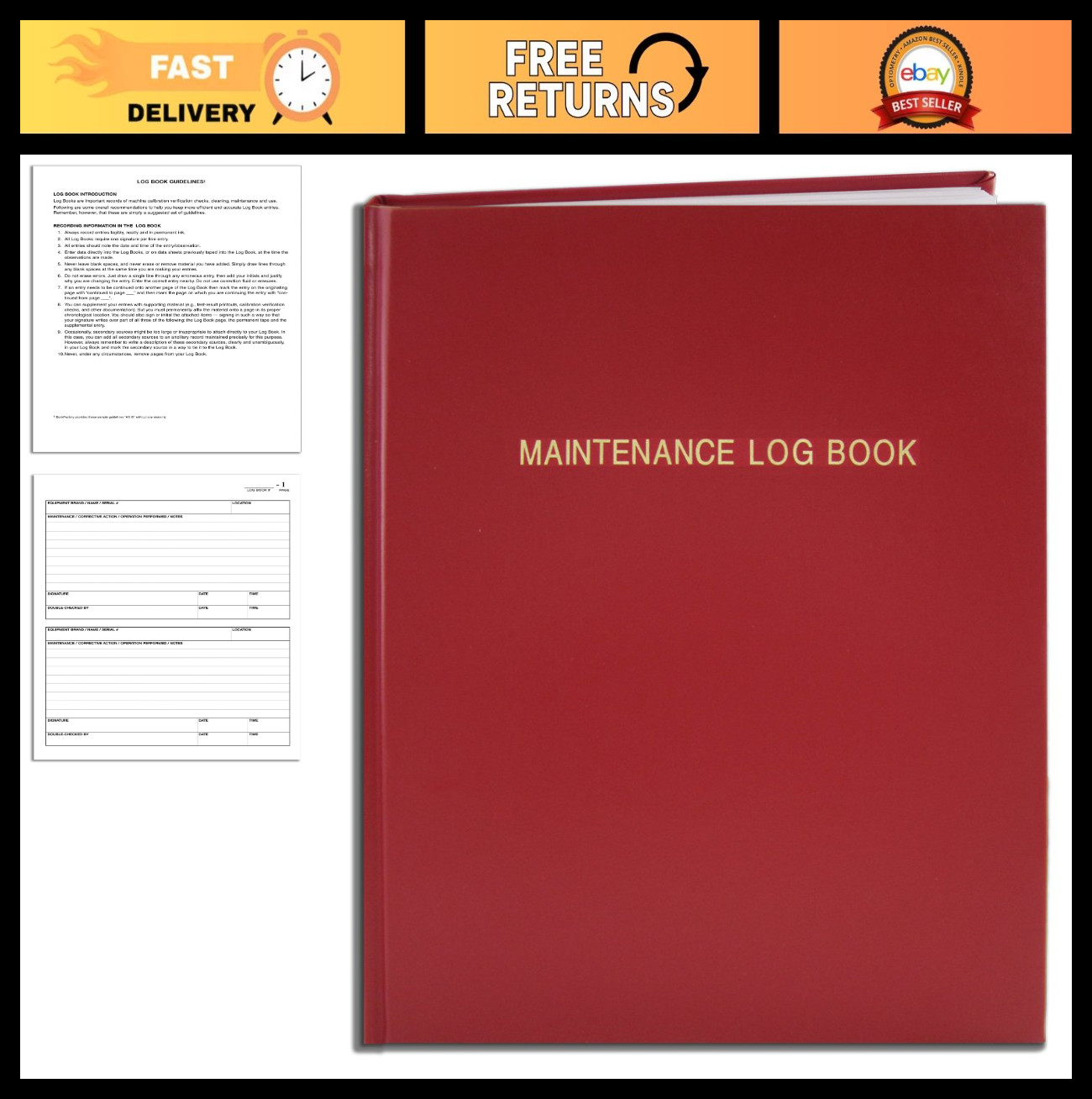 Maintenance Log Book – 120 Pages, 8″x10″, Red Leather Cover, Hardbound Journal
