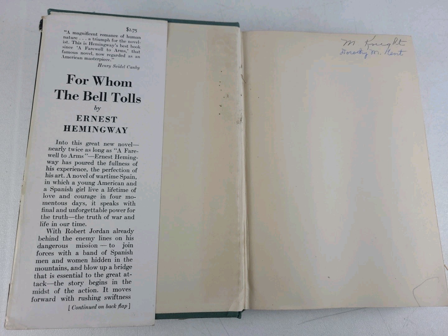 For Whom the Bell Tolls by Ernest Hemingway 1943 Hardcover Dust Jacket HCDJ
